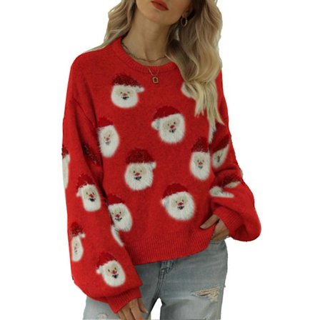 Julegenser til dame med Santa-motiv, strikket, rund hals, lange ermer, morsom genser for høst og vinter, rød M