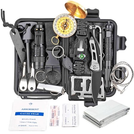 Overlevelseskit 19 dele - Kompas, ildstål, kniv, lampe osv.