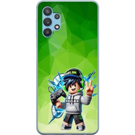 Kompatibelt Mobildeksel til Samsung Galaxy A32 5G Roblox-inspirert gamerfigur med headset, håndkontroll og energiske effekter mot grønn bakgrunn