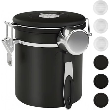 Kahvisäiliö Kahvipapusäiliö CO2-poistoventtiilillä ja kauhalla Kahvipurkki Pavuille, Jauheille, Sokeri16OZ, Musta