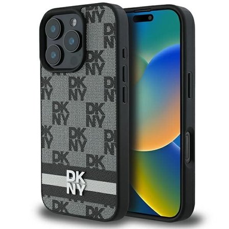 DKNY Checkered Pattern & painettu raidat Kotelo iPhone 16 Pro Max - musta