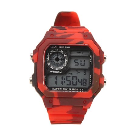 Digital Klocka Multifunktionell Mode Kvadratisk Luminous Vattentät Utomhus Sport Chronograph Klocka Kamouflage Röd