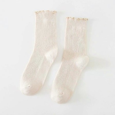 Mellemlange bomuldsstrømper med flæsekanter til hverdagsbrug (Beige)