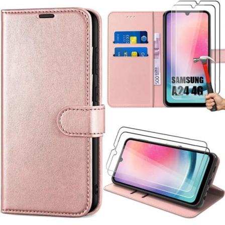 Etui + 2 hærdede briller til Samsung Galaxy A24, elegant etui i lædereffekt - Pink Rosa