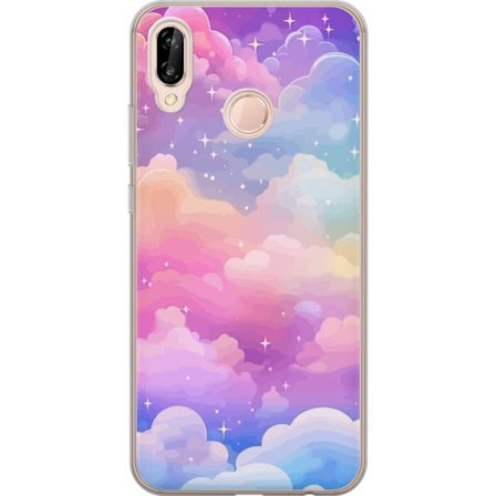 Kompatibelt Mobildeksel til Huawei P20 lite Søt enhjørning med regnbuefarget hår mot en stjernebelagt pastellbakgrunn i kawaii-stil