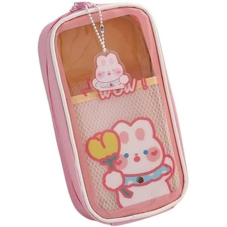 Sød blyantæske, æstetisk blyantæske, bærbar stor kapacitet pen blyant pung holdbar taske til skole (Pink Flower Rabbit)
