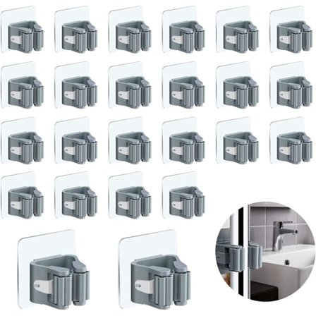 Mop- og kostestativ, 24-pakning, veggmontert med selvklebende feste, kostestativ for oppheng og organisering av vaskerom, baderom, skapsett