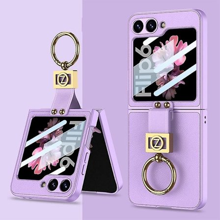 Samsung Galaxy Z Flip 6 -kotelo, sisäänrakennettu pieni näytönsuoja, ohut nahkainen iskunkestävä kotelo metallirenkaalla