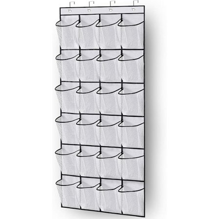 1 stk. Over Døren Skoopbevaring Organizer Hængende Hylde til Sko 24 Store Mesh Lommer til Garderobedør Organisation med Bøjler Hvid