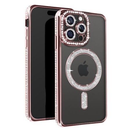 Diamantfodral till iPhone 15 Pro - AVIZAR - Rhinestone Contour - Champagnerosa - MagSafe