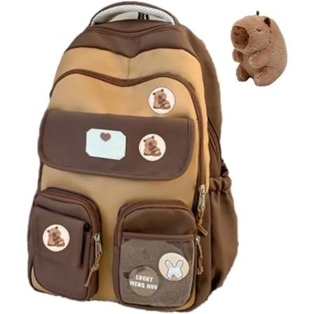 Capybara Ryggsekk for Skole, Søt Preppy Estetisk Ryggsekk med Kawaii Pins og Tilbehør for Jenter, Brun med Doka-XF30-