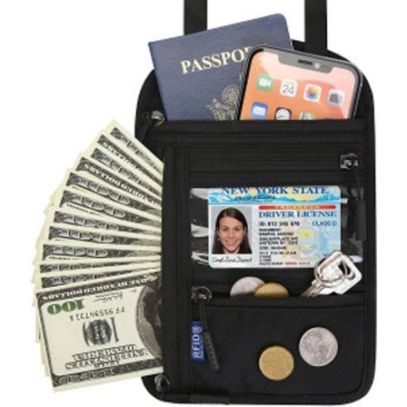 Tyverisikret halslomme – 4 rum med lynlås – Justerbar halsrem – Sort