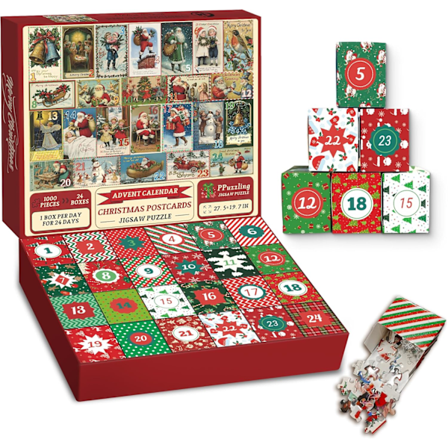 Ankomstkalender 2025 Voksen Julepuslespil 1000 brikker, Jule Nedtællingskalender 24 dages puslespil, Retro Festival Julekort puslespil