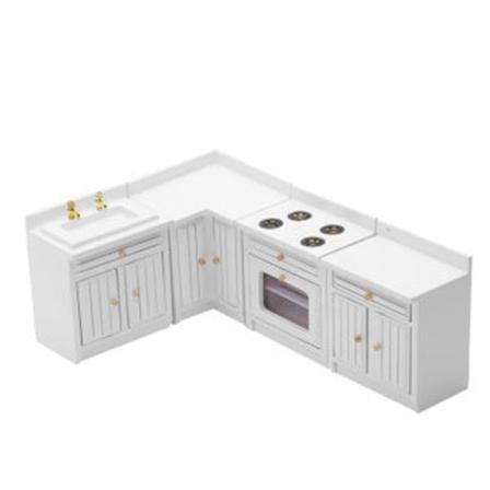 Miniaturemøbler Legetøjsdukker Hus gør-det-selv-dekorationstilbehør Mini 1:12 Køkkenbordsvask skab White four-piece kitchen set