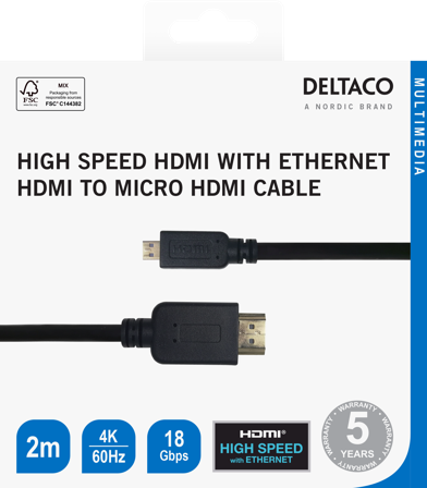 Deltaco HDMI - micro HDMI cable, 4K UHD in 60Hz, 2m, black