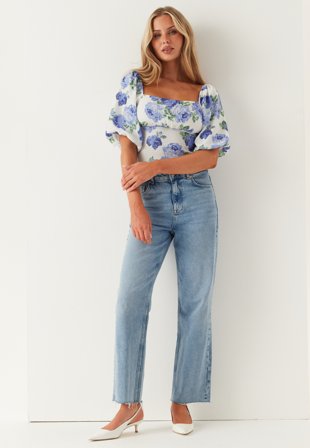 Bubbleroom - Volume Sleeve Top - Blue/Floral - Kläder