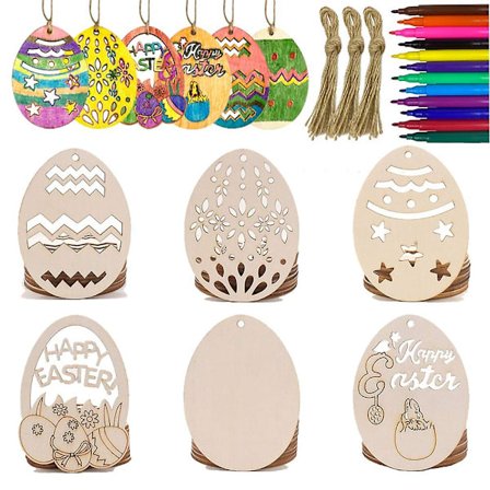 60 Stk påske Tre hengende ornamenter Uferdige treskiver Egg Påskehåndverk