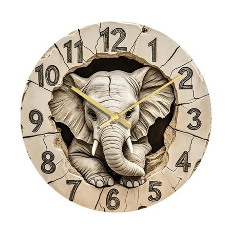 Akryylinen seinäkello, jossa on 3D-norsumotiivi