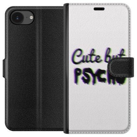 Yhteensopiva Lompakkokotelo Apple iPhone 16e Minimalistisk glitchtypografi med texten cute but psycho i neonliknande färgeffekt