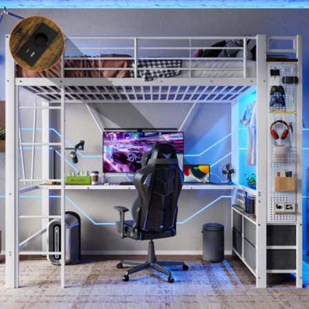 Højseng 90x200cm hvid - Med skrivebord, LED, USB-C, 4 skuffer & tørrestativer, jernramme, hulplade, uden madras