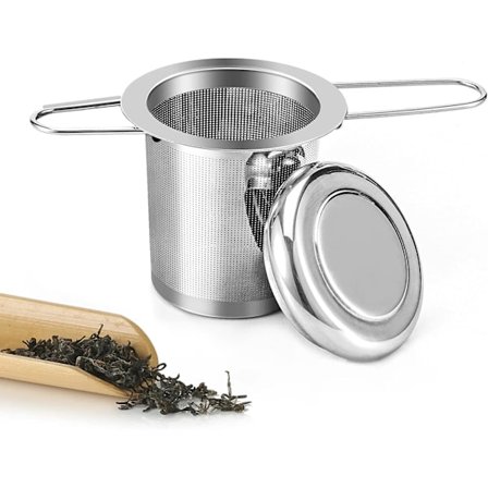 Te-filter, 304 rustfrit stål te-filter te-infuser med sammenklappeligt håndtag og låg til forskellige størrelser kopper og tekande