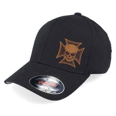 Born To Ride - Sort flexfit Kasket - Maltese Cross Skull Brown Patch Black Flexfit @ Hatstore