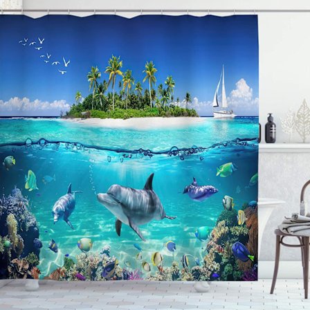 Suihkuverho Delfiinikuvio Vedenalainen Sininen Homeenesto Suihkuverhot Saari Kala Valtameri Trooppinen Painettu Pitkä Polyesterikangas Vedenpitävä 