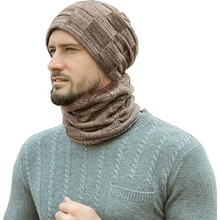 Herre Vinterlue Skjerf Sett Varm Strikket Luer-khaki Skull Lue