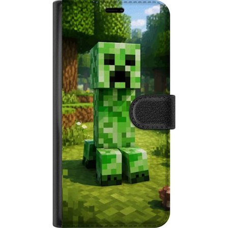 Kompatibelt Plånboksfodral till OnePlus OnePlus 12R Block-baserad Creeper-figur i en grön pixell värld, ikonisk spelillustration för barnrum, game