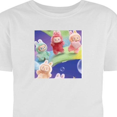 Børne T-shirt La.bubu regnbue plakat la.bubu figur kanin kostumer legetøj søde pastel farverige anime stil design kunst