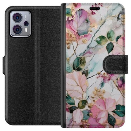 Kompatibel Tegnebogsetui til Motorola Moto G23 Abstrakt marmormønster med blomster, blade og gyldne detaljer i bløde pastelfarver