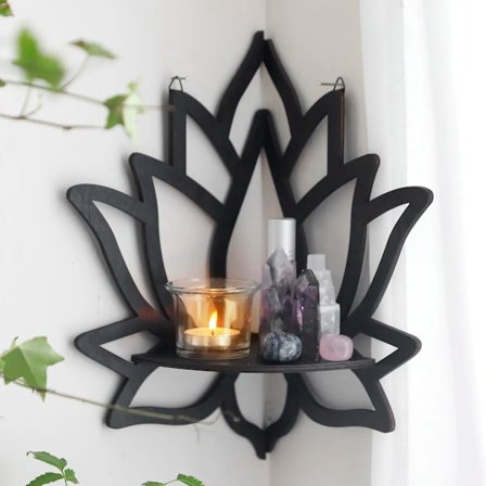 Lotus Crystal Hjørne Hylle Crystal Hylle Display Sort Tre Vegg hyller Essential Oil Hylle
