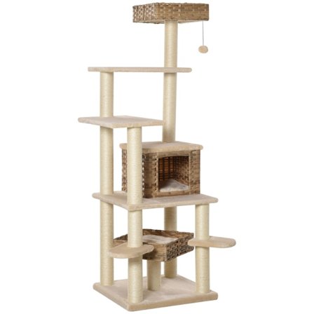 Rattan Kradsestolpe Klatretræ Kat Med Kattehule Multi-Tier Kattetræ E1 Mdf Sisal Beige+Brun 55 X 55 X 174 Cm