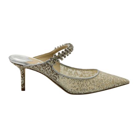 Jimmy Choo Pre-owned, Jimmy Choo Bing 100 Glitter Tulle with Crystal Strap Mules in Silver Polyester Silk Grijs, Dames, Maat:38 EU