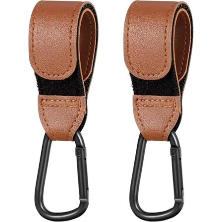 2-pack bruna läderklädda barnvagnsklämmor, barnvagnskrokar för att säkert hänga dina shoppingväskor på din barnvagn eller barnvagnsklämmor