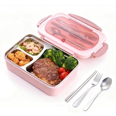 Matboks med rom, bærbar, isolert, lekkasjesikker 304 rustfritt stål Bento matboks med bestikk for voksne, studenter, arbeidere og barn (rosa)
