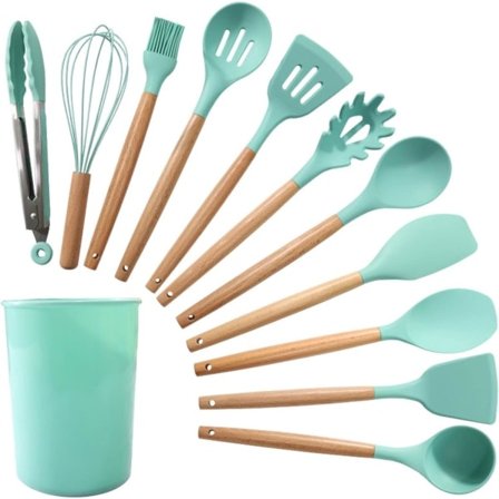 Køkkenredskabssæt 12 dele - Silikoneredskaber - Varmebestandig - Grøn