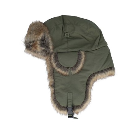 MJM Hats - Vert trapper Bonnet - Recycled Tasl/Faux Fur Army/Natural Trapper @ Hatstore