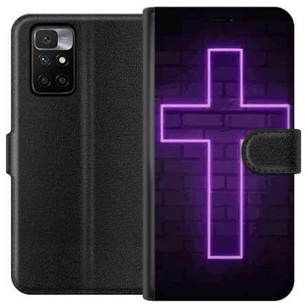 Kompatibel Tegnebogsetui til Xiaomi Xiaomi Redmi 10 Neonkors i lilla lys mod mørk murvæg, symbolsk motiv med stærk glød moderne æstetik og dramat