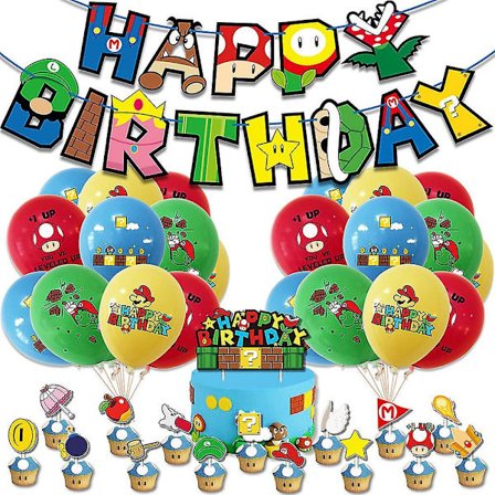 Super Mario födelsedagsfest dekorationer set med banderoller, ballonger, tårtdekorationer