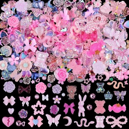 100 stykker 3D-harpikssommerfuglebjørne neglecharms Roseblomster Ferskenhjerter Sløjfe Hjort Slange Kanin Dyreformede Rhinestones P,TH