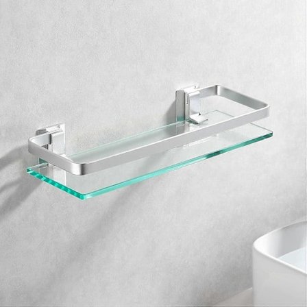 "QD" Badrumshylla i aluminium med härdat glas, rektangulär, 1 hylla, extra tjock, silver sandblästrad, väggmonterad