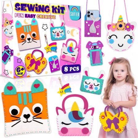 Aloittelijan ompelusetti lapsille, 8 kpl, söpöjä huopaisia tee-se-itse-askarteluja, taidetta ja askartelua tytöille, eläinlaukkukukkaroita, 