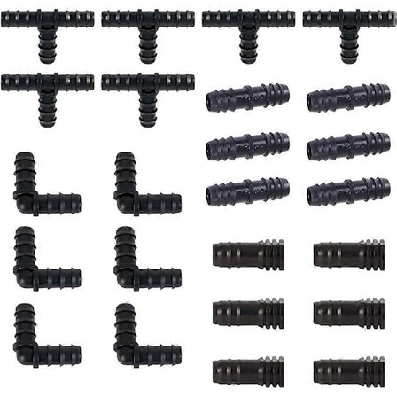 Irrigationskopplingar Kit för droppslang - 6 T-kopplingar, 6 Kopplingar, 6 Ändar, 6 Vinkelkopplingar - 16mm Droppbevattning