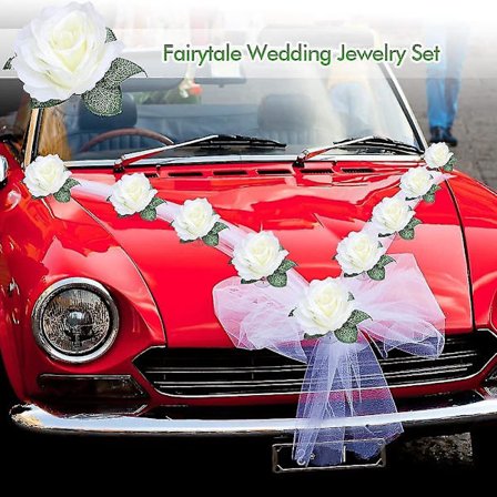 Bryllupsbildekorasjon, Bildekorasjon, Organzadekorasjon, Brudpar, Rosedekorasjon, Bilbryllupsgirlander, Bilbryllupsdekorasjon, Bryllupsdekorasjon