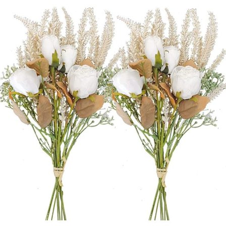 Kunstige tørrede blomster falsk silke rose blomsterarrangement 2 pakker med plastik hvedeaks buket indretning boligindretning centerpieces (hvid){hw}