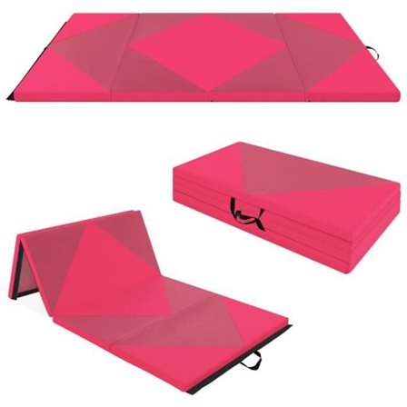 COSTWAY hopfällbar gymnastikmatta 240 x 117 x 5 cm 4-lagers avtagbar PU-läderöverdrag med kardborrefästen Rosa + Persika