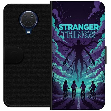 Yhteensopiva Lompakkokotelo Nokia Nokia G20 Stranger Things -inspiroitunut fantasiaillustraatio, jossa on tumma hirviö, pyöräilevät lapset ja dram