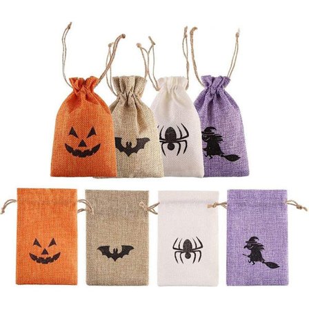 Halloween gaveposer i burlap med dobbel jute tau, godteposer, Halloween godteposer, forskjellige design, 20 stykker