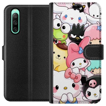 Kompatibelt Lommeboketui til Sony Xperia 10 IV Tett mønster av søte figurer med store øyne i ulike farger og uttrykk med LABUBU-tekst